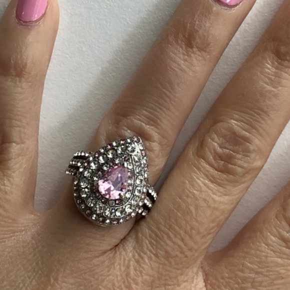 .925 SILVER TEARDROP PINK SAPPHIRE ZIRCONIA COCKTAIL RING SIZE 6 c - Picture 4 of 5